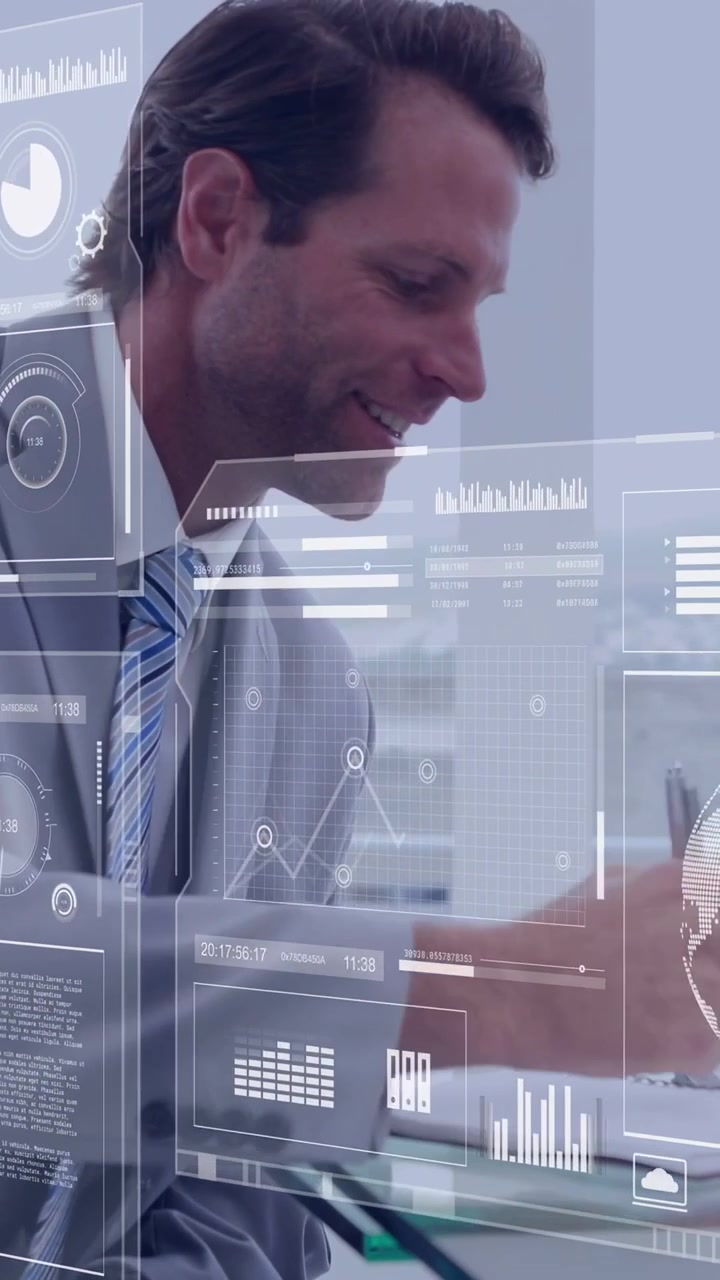 Vertical video: Colleague handing docs sparking analyst noting while AR charts overlaying business