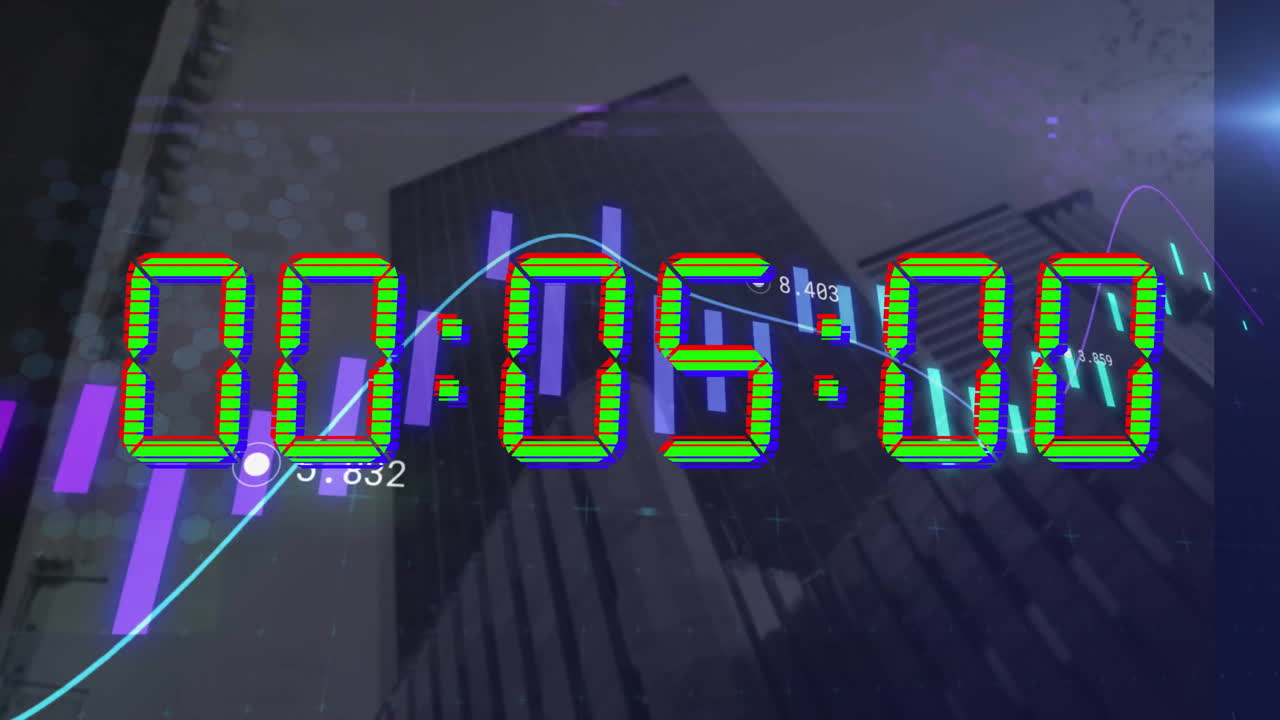 animación del procesamiento de datos financieros sobre el temporizador y la ciudad