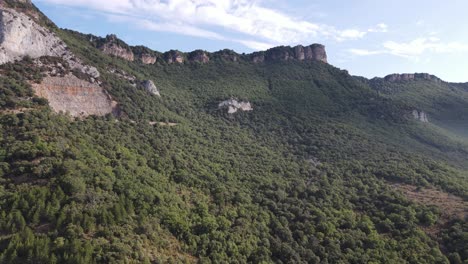 Mountainous-green-forest-and-rocky-outcrops-near-Leyre-Monastery-