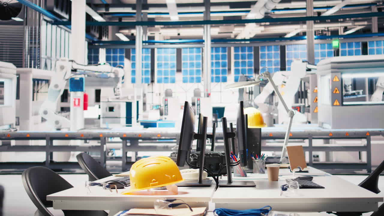 Vertical Video Monitors in photovoltaics factory used to manage performance of robot arms