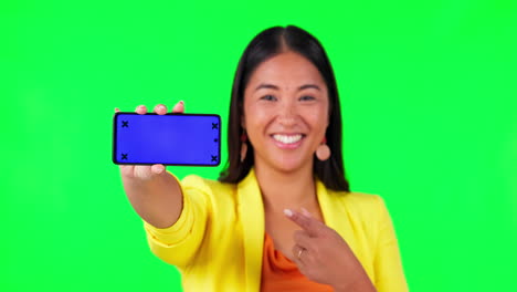 Green-screen,-woman-face-and-hand-pointing-to