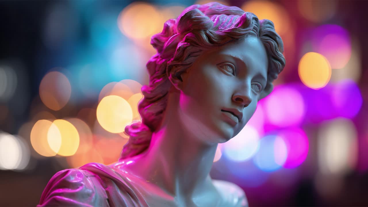 Bellezza accattivante: un primo piano di un'elegante statua di marmo su uno sfondo bokeh vivace e colorato in un ambiente contemporaneo
