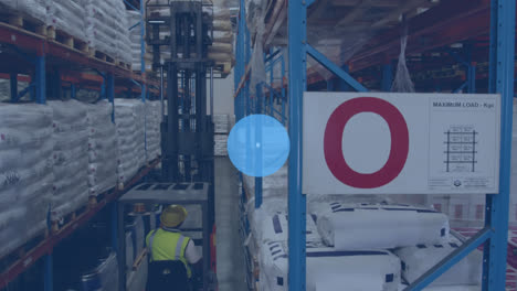 animation of network of icons over overhead view of male worker operating forklift at warehouse