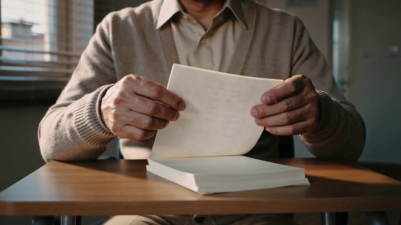 Turning man in tan cardigan handling stack before him at classroom desk, inspecting lifted sheet