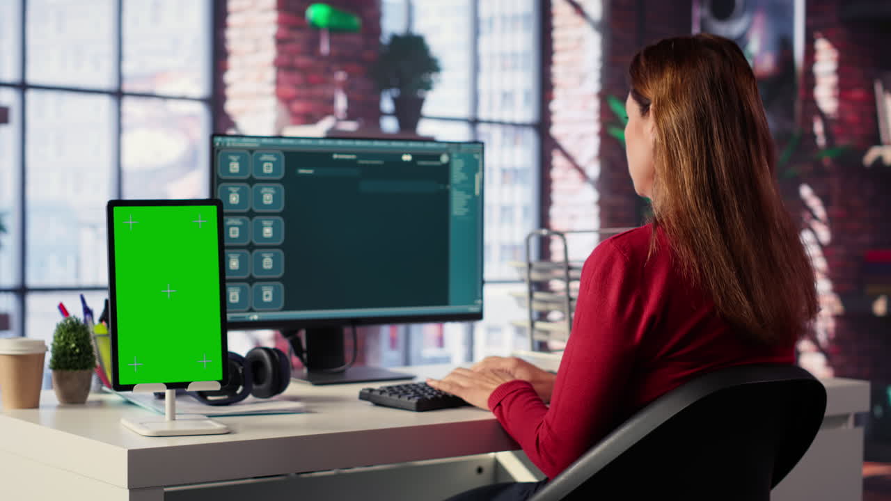 Woman working at a desk with a green screen tablet and computer