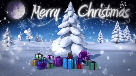 Animation-of-merry-christmas-text-over-christmas-tree-in-winter-scenery