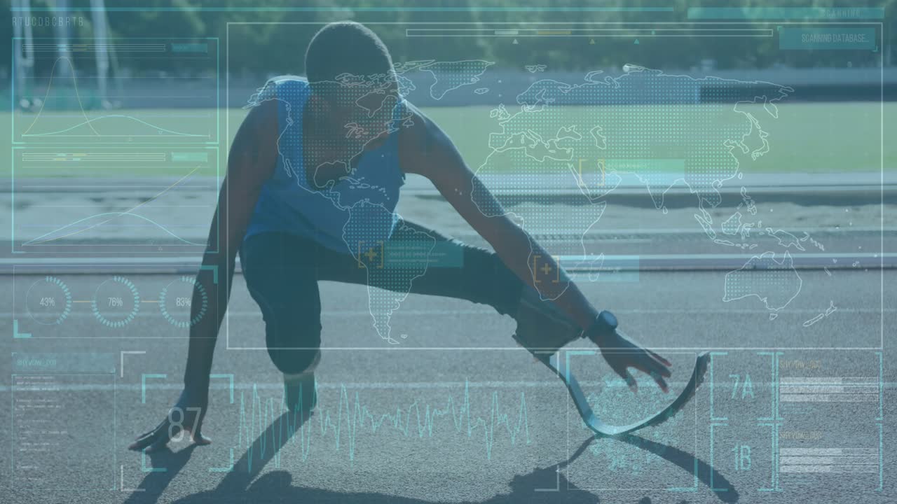 Interface with data processing against african american male athlete with prosthetic leg stretching