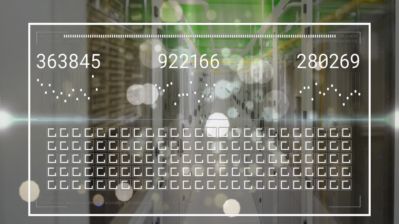 데이터 프로세싱과 컴퓨터 서버 에 떠 있는 빛의 점과 인터페이스의 애니메이션