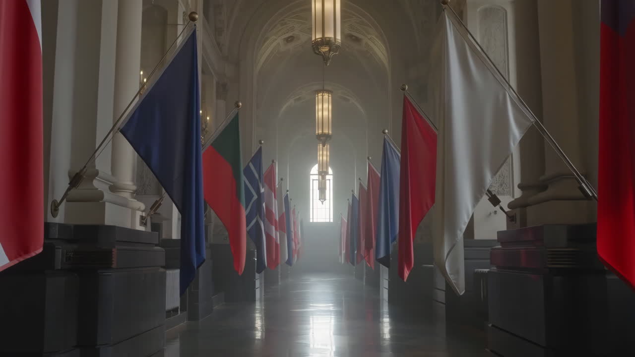 International Flags in a Grand Hallway