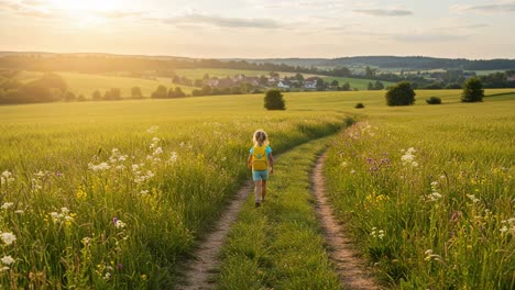a young child walking on a vibrant path through a lush green field at sunrise, embracing nature's beauty and exploring the great outdoors