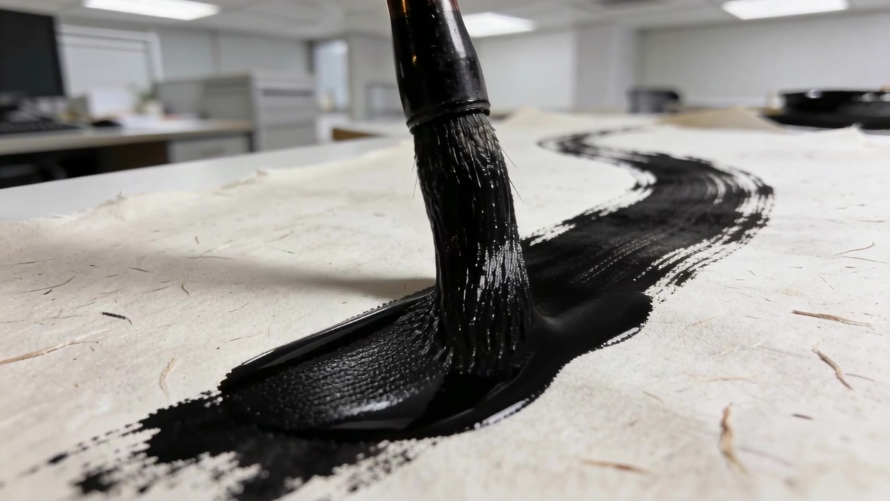 Trækker en mørk børste fra blækhuset og påfører et blækstrøg hen over rispapir i et atelier til kunst.