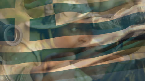 animation of flag of greece over african american male soldiers with weapons