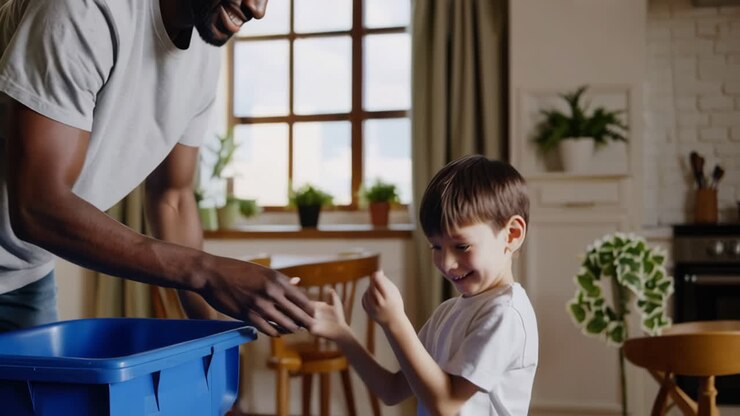 Padre e figlio che riciclano la carta a casa