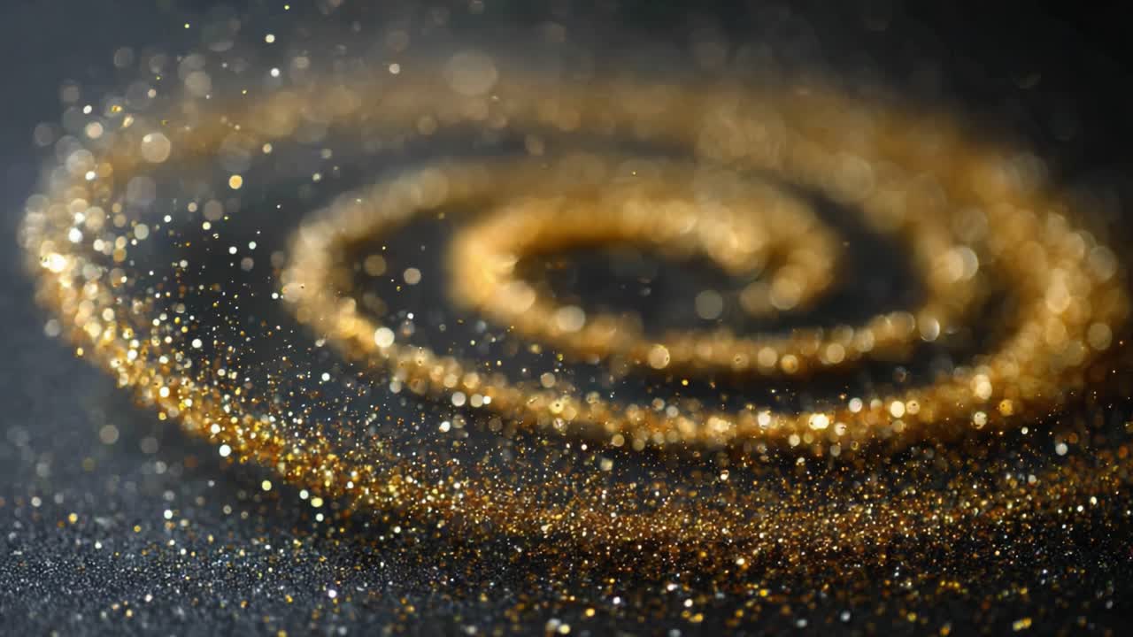 Un'ipnotica spirale di polvere dorata brilla su uno sfondo scuro, creando un incantevole contenuto visivo che cattura l'essenza dell'eleganza e della bellezza.