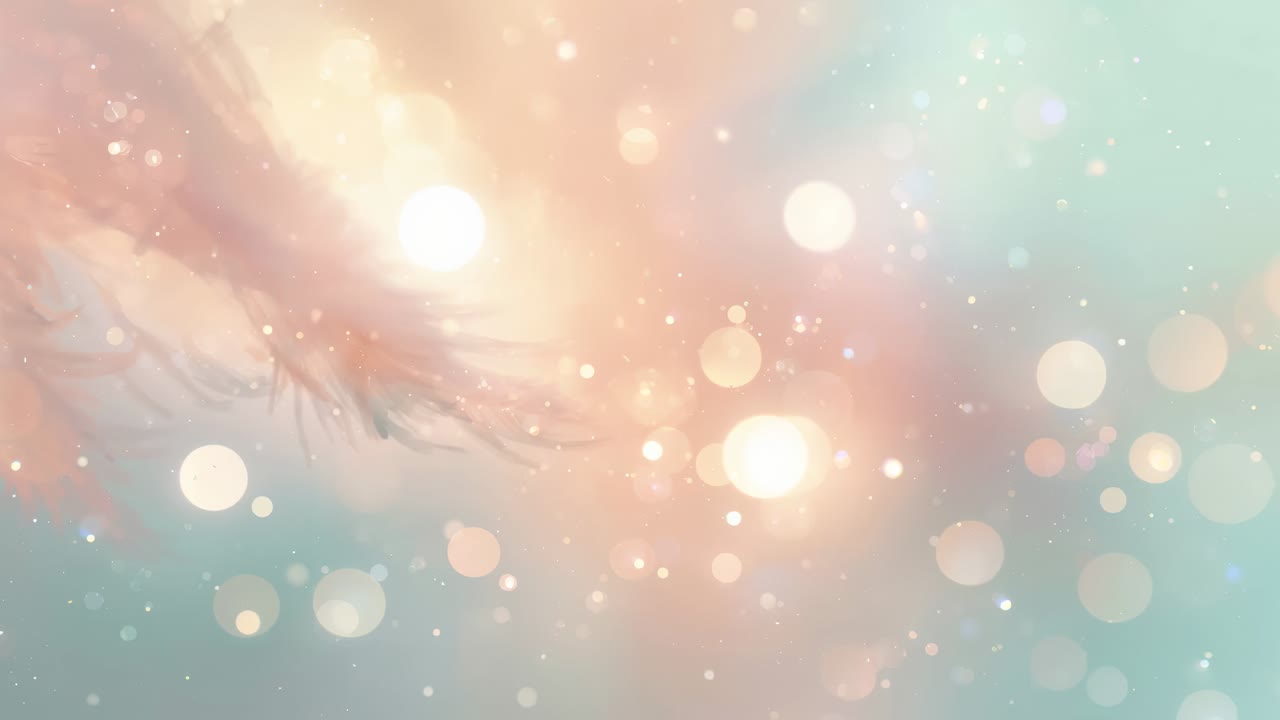 Pulsing bokeh orbs and feather branch drifting as frames moving in pastel gradient, dust, lens halo