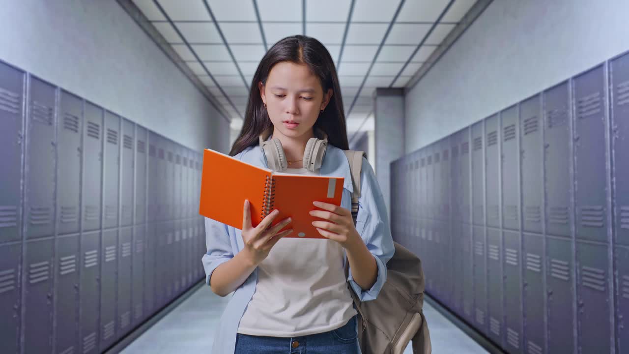 학교 복도 에서 읽는 지친 학생