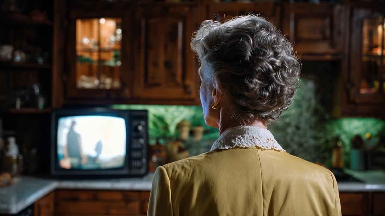Elderly woman watches old television in cozy kitchen. Her gaze is fixed, absorbed by the flickering screen. Warm wooden cabinets frame the nostalgic scene. Soft light highlights her gentle expression