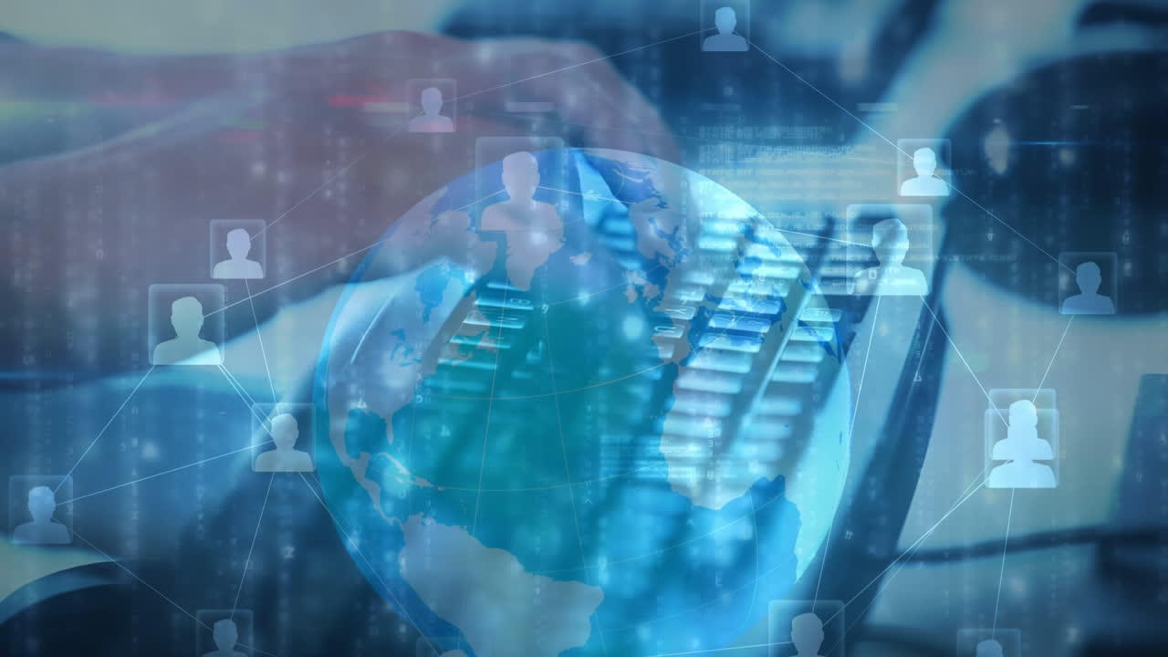 animación de una persona escribiendo en el teclado de la computadora en todo el mundo, iconos de personas y red de conexiones