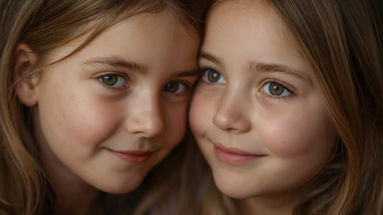 Hermanos sonrientes en un estudio, mirando a la cámara y parpadeando, con un bokeh cálido a la derecha