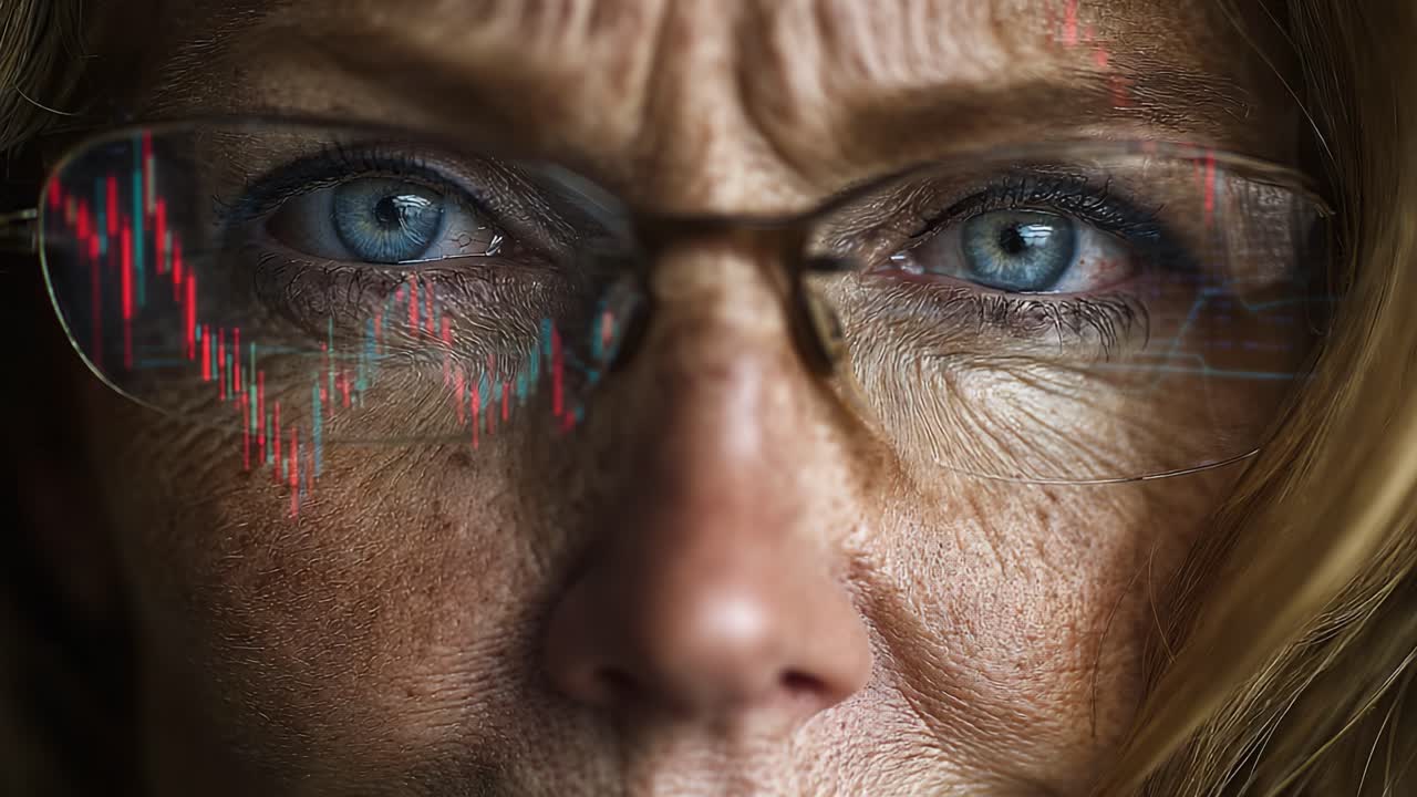 Intense Focus: A Close-Up Portrait of an Individual Analyzing Financial Data with Graphs Reflecting Market Trends in Their Glasses