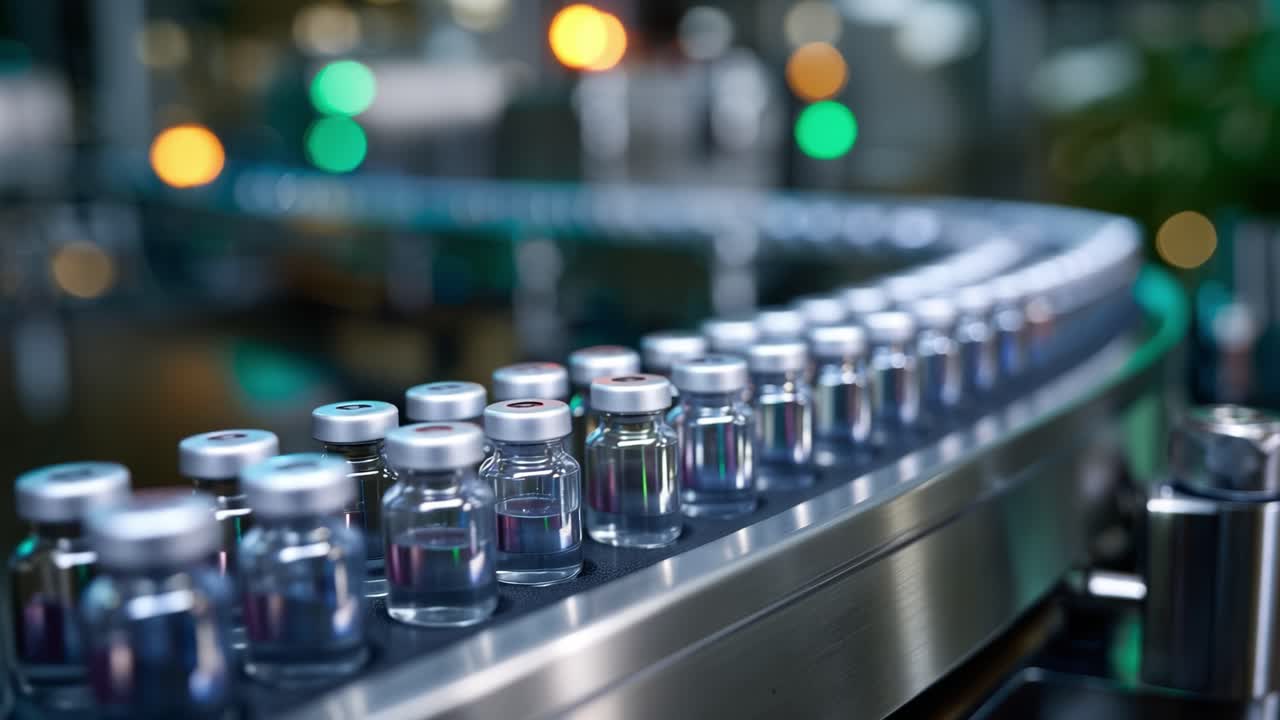 Una disposizione meticolosa di fiale di vetro su un nastro trasportatore in un moderno impianto di produzione, che evidenzia la precisione nei processi di fabbricazione farmaceutica.