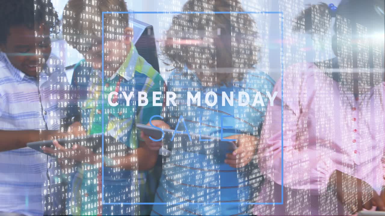 Animation of cyber monday sale text over diverse schoolchildren smiling