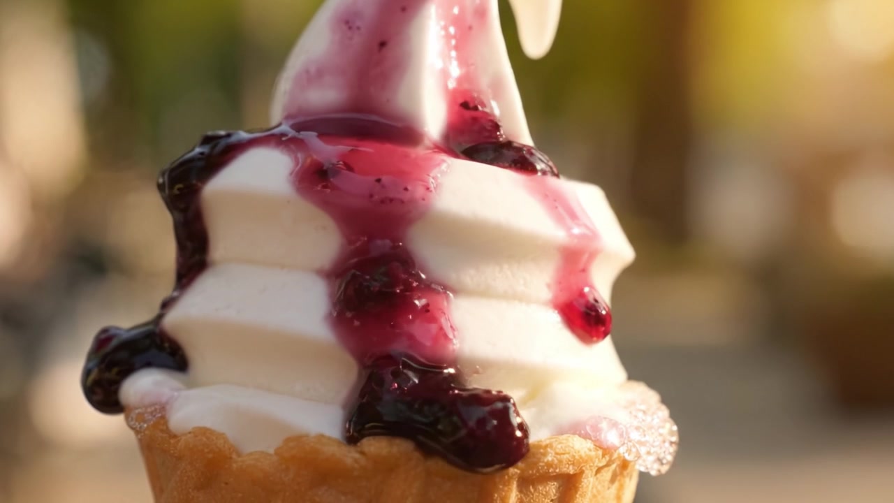 Concediti un delizioso cono gelato con spirali di cremoso soft serve guarnito con dolce salsa ai frutti di bosco, perfettamente immortalato sotto la luce solare intensa.