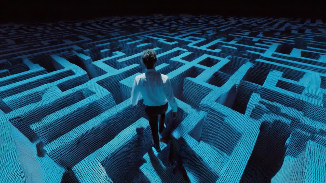 A solitary figure stands amidst a vast, digitally rendered blue maze, contemplating the path ahead as towering walls of the labyrinth create a surreal and captivating environment that invites exploration