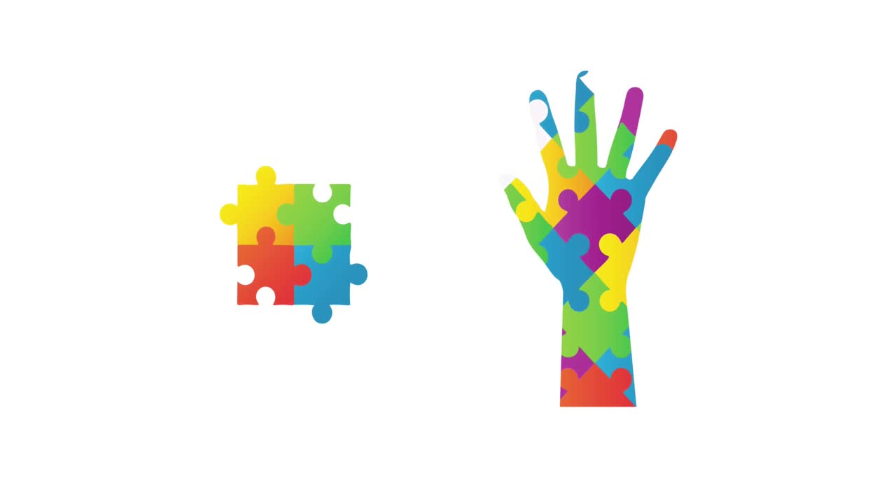 Animation of colourful puzzle pieces forming hand on white background