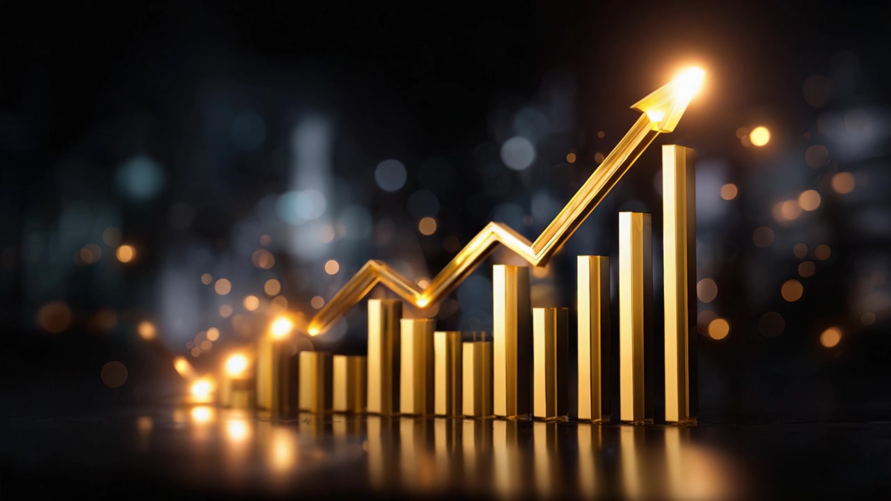 Dynamic Growth Chart Illustrating Financial Success with Fluctuating Golden Bars and an Ascending Arrow on a Dark Background with Subtle Bokeh Lights