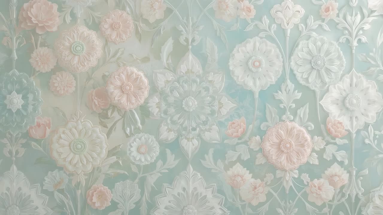 Drifting camera revealing embossed floral wallpaper at home, showing repeating pattern and texture