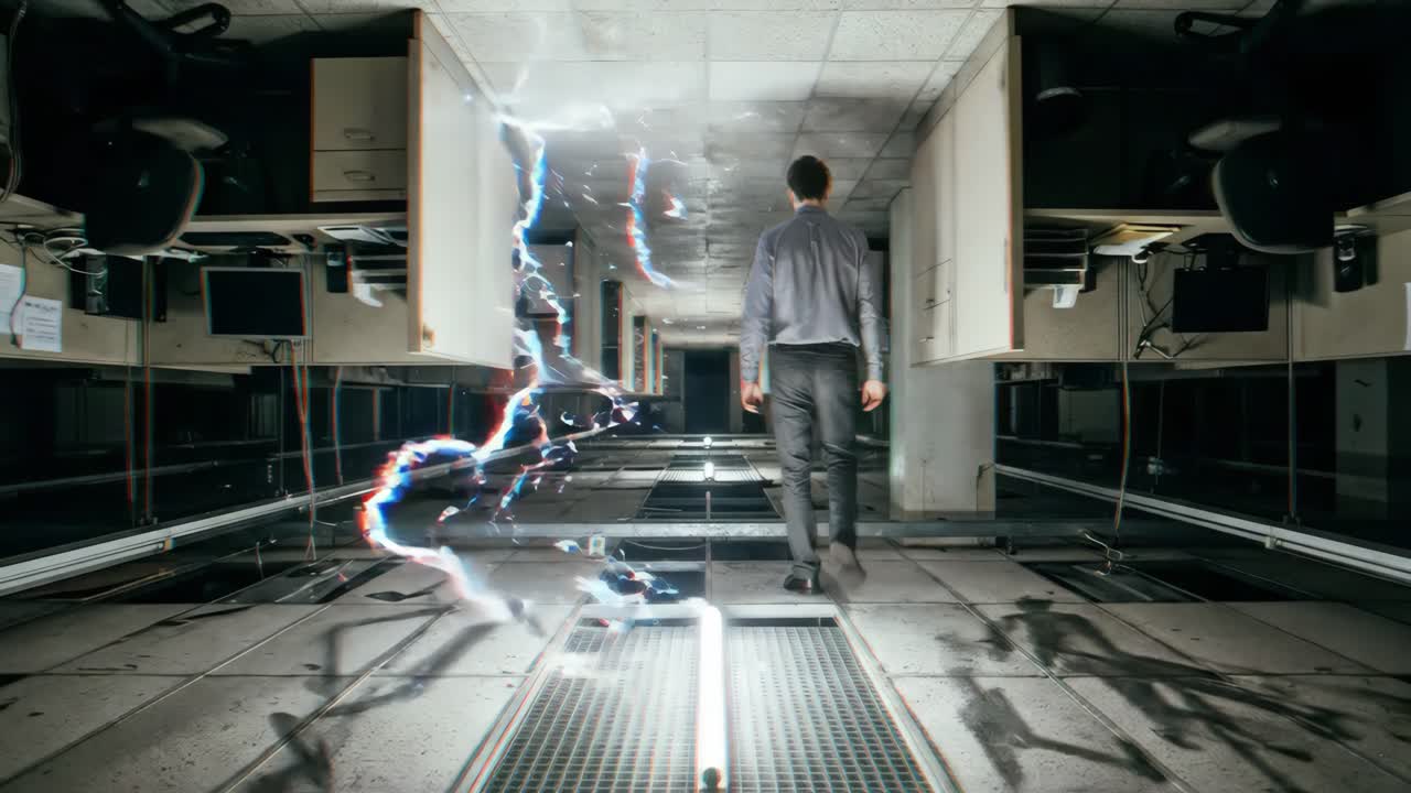 Man Walks Through Surreal Inverted Office Corridor with Glowing Lights