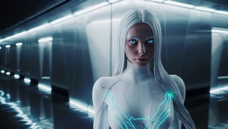 Sleek white haired humanoid standing confidently inside minimalist spaceship corridor, embodying advanced technological innovation with luminescent lines highlighting futuristic design