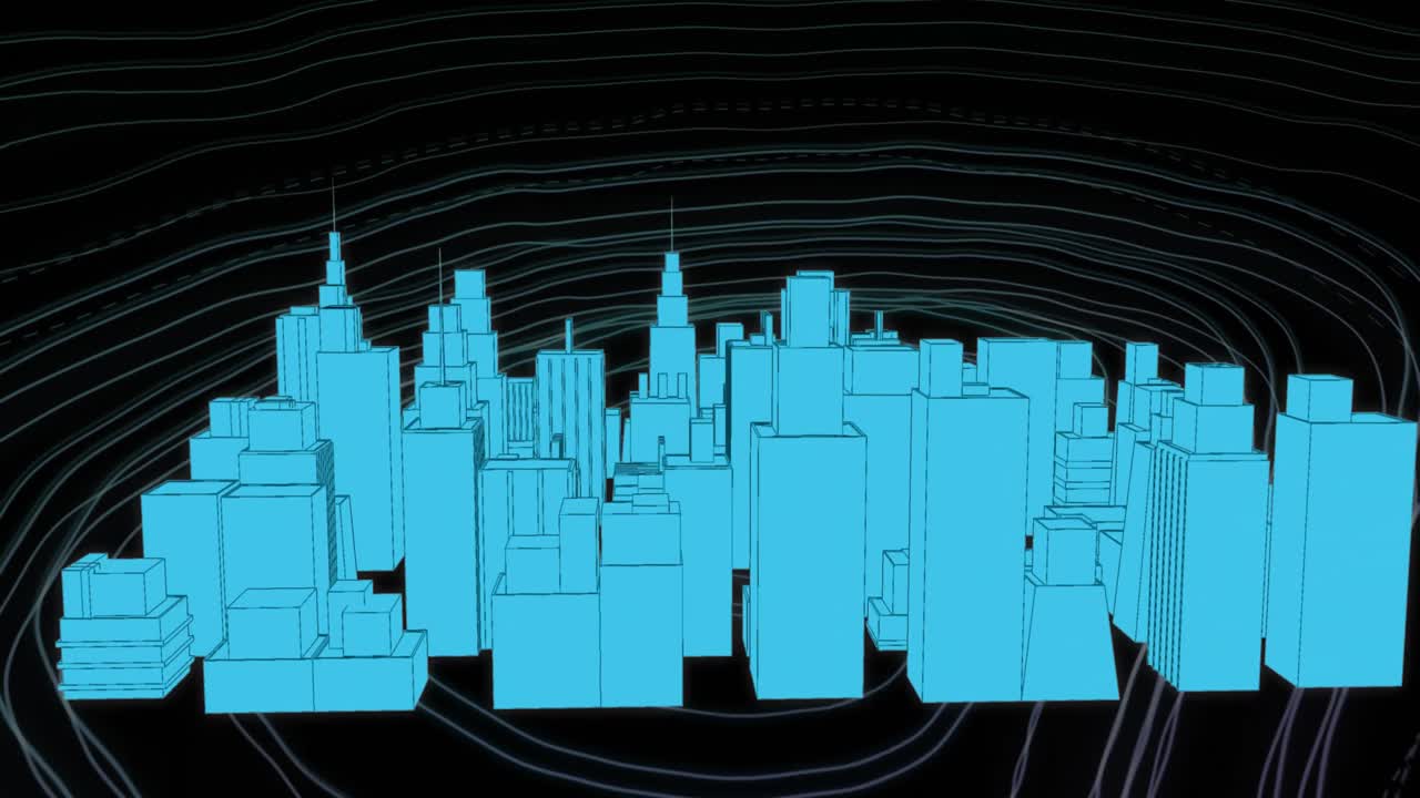 Spinning 3D city model against topography on black background