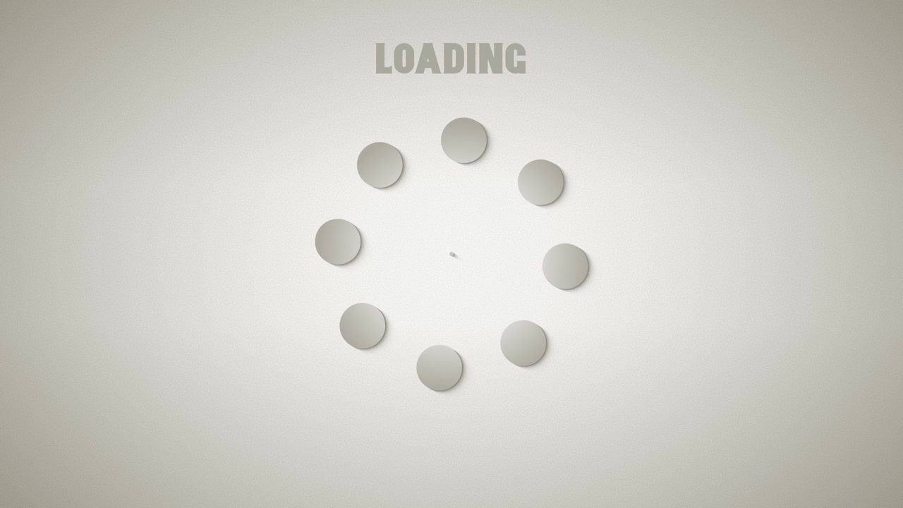 Retro loading spinner with embossed gradient circles rotating around a pulsing center beneath bold text, creating a seamless monochrome animation loop that represents visual progress