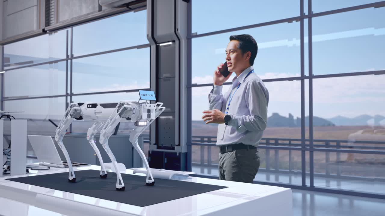 vista lateral completa del cuerpo de un trabajador profesional masculino asiático de pie en una fábrica de alta tecnología, perro robot, está hablando con alguien en el teléfono y moviendo su mano izquierda