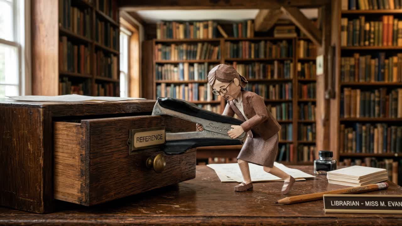 Animação stop motion de um bibliotecário de papel trabalhando em uma biblioteca