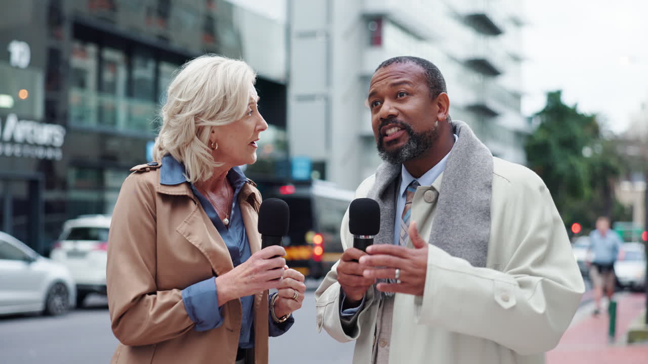 Journalists conducting interview on the street