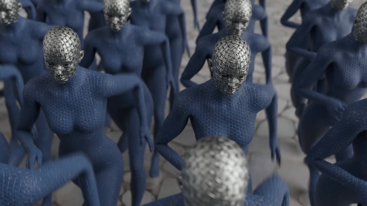 grupo de clones cibernéticos femeninos abstractos corriendo juntos.