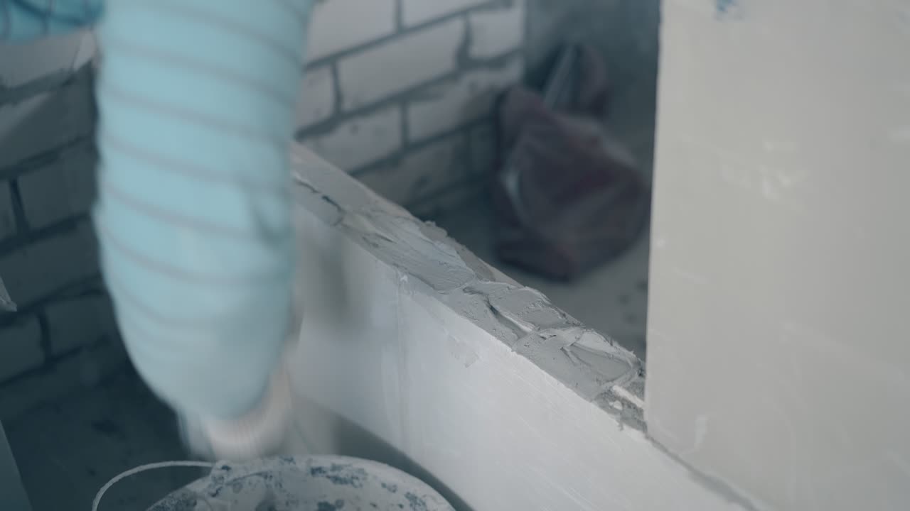 手袋をかぶった労働者の腕は ⁇ プティナイフを握り ⁇ 壁を塗っています ⁇