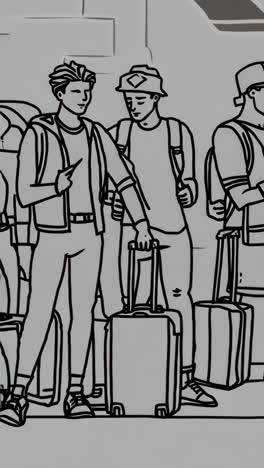 monochrome line art illustrations of travelers