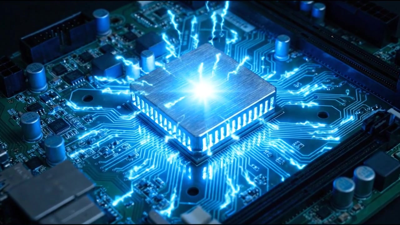 Futuristic blue microchip processor glowing across advanced electronic circuit board