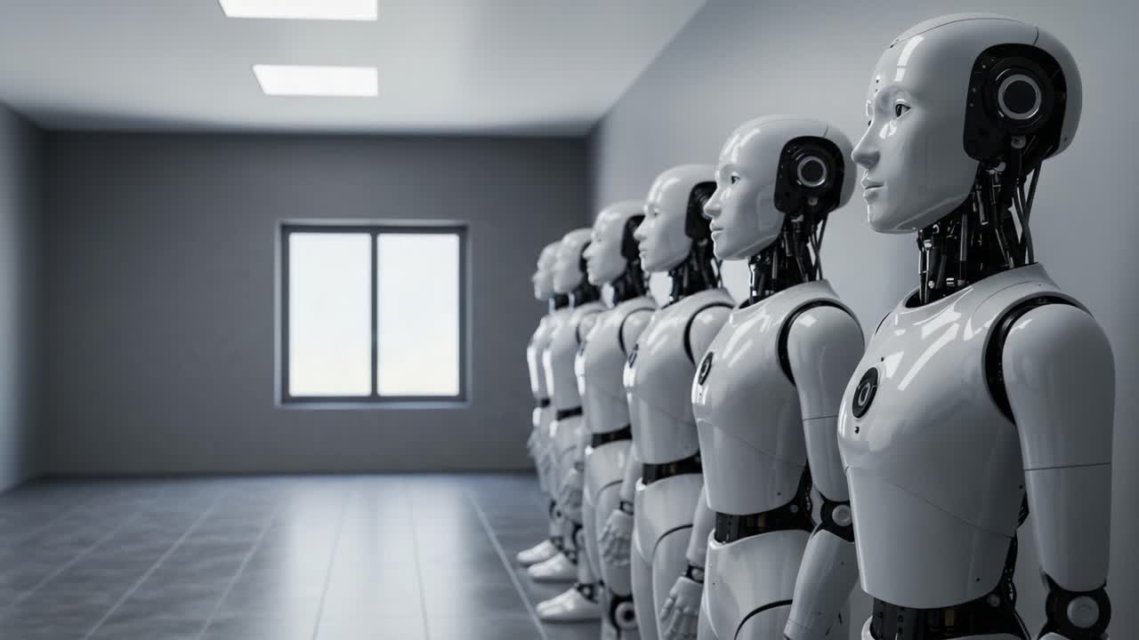 A Series of Advanced Humanoid Robots Standing in a Modern Room, Highlighting the Future of Robotics and Artificial Intelligence in Technology Development