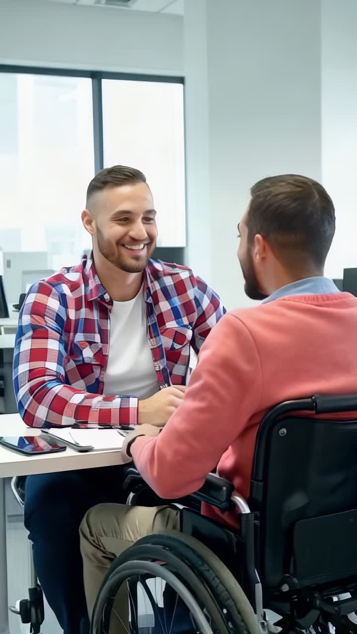 Handicap businessman working with colleague in office