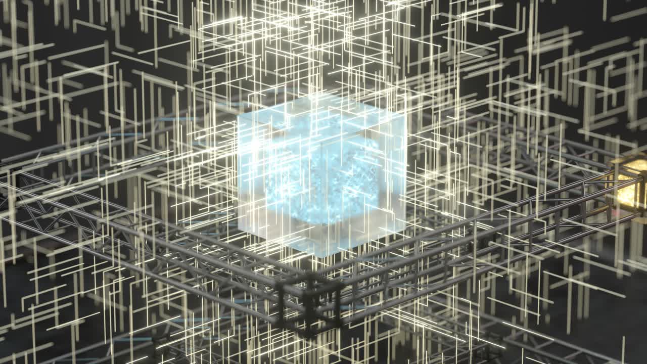 빛나는 선은 투명한 큐브를 통과합니다. - 3d 렌더링