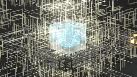 la línea brillante pasa a través de los cubos transparentes, renderización 3d.