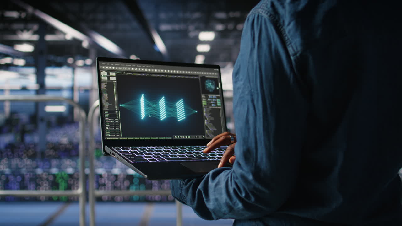 Close up of admin using laptop to monitor neural network LLM visualization