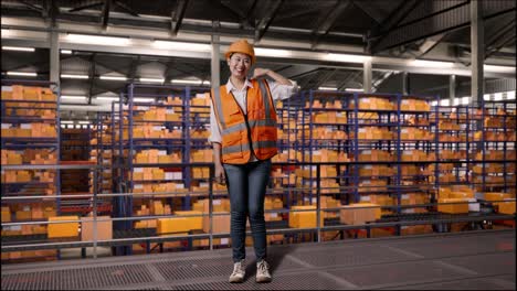 full body of asian female engineer with safety helmet standing in the warehouse with shelves full of delivery goods. smiling to camera and making call me gesture in the storage