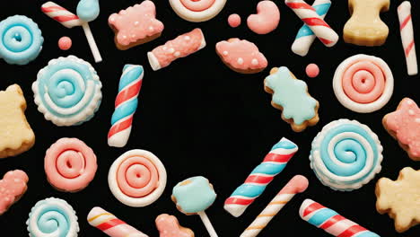 assorted pastel candies on black background