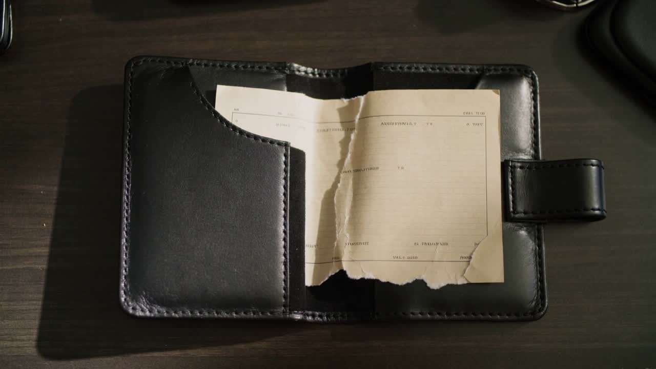 Luce cangiante che illumina una copertina in pelle nera su una scrivania in legno scuro, rivelando carta strappata e un cinturino.